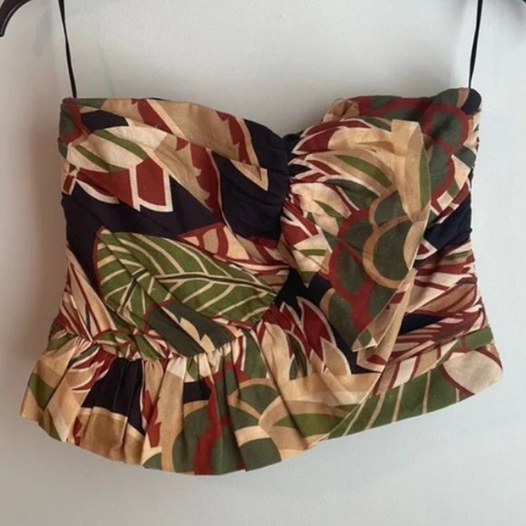 NWT ZARA Linen Blend Green Beige Black Smocked Ruffled Top - Picture 5 of 8